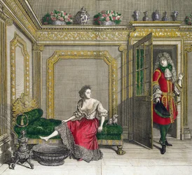 Dame som kler av seg til badet, utgitt ca. 1688-90